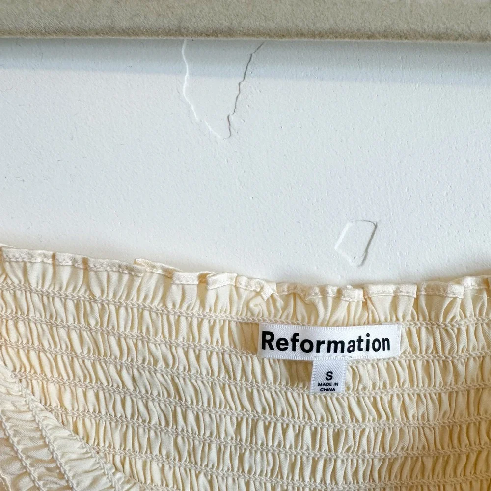 Reformation | Chamomile 100% Silk Smocked Satin Long Sleeve Top in Custard